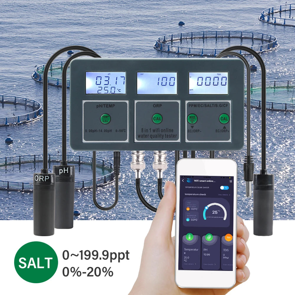 Tuya WiFi 8-in-1 Water Quality Tester – pH, TDS, EC, Temp & More