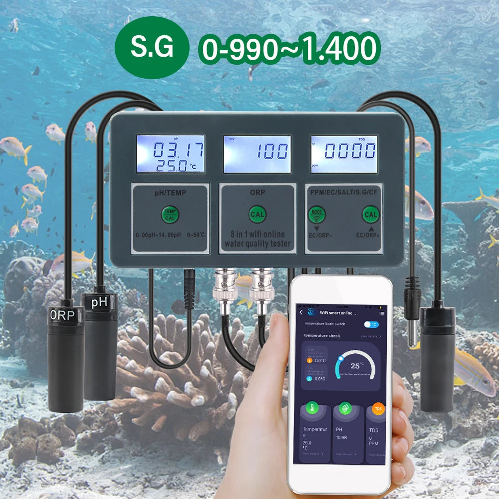 Tuya WiFi 8-in-1 Water Quality Tester – pH, TDS, EC, Temp & More